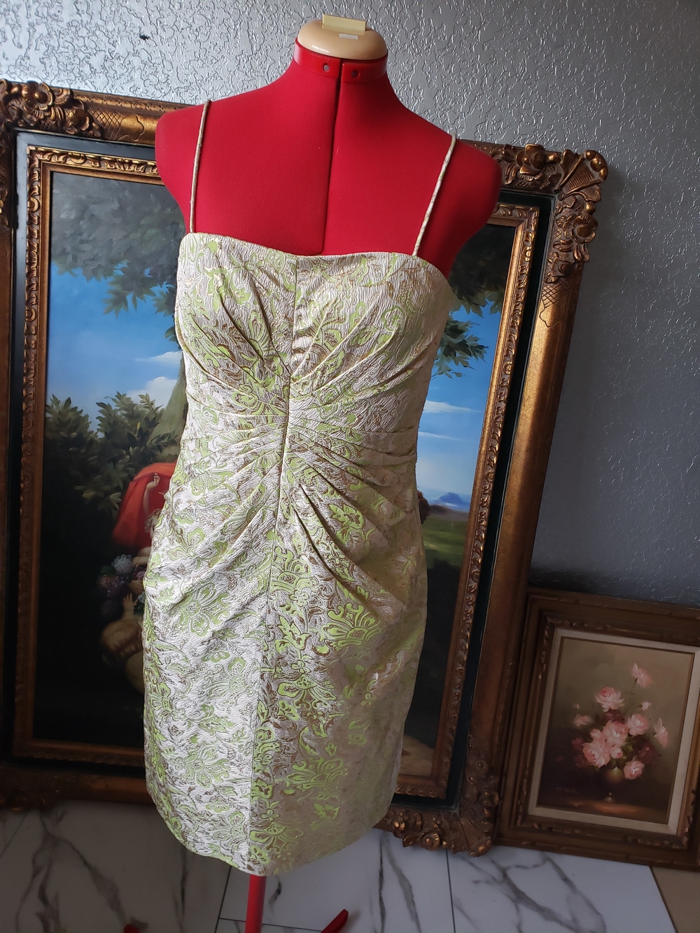 Chetta B Neon Green and Ivory Strapless Brocade Ruched Mini Dress